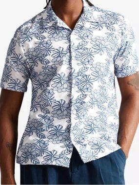Ted Baker Floral Cotton Short Sleeve Button Up Shirt Navy White Size 1/Small